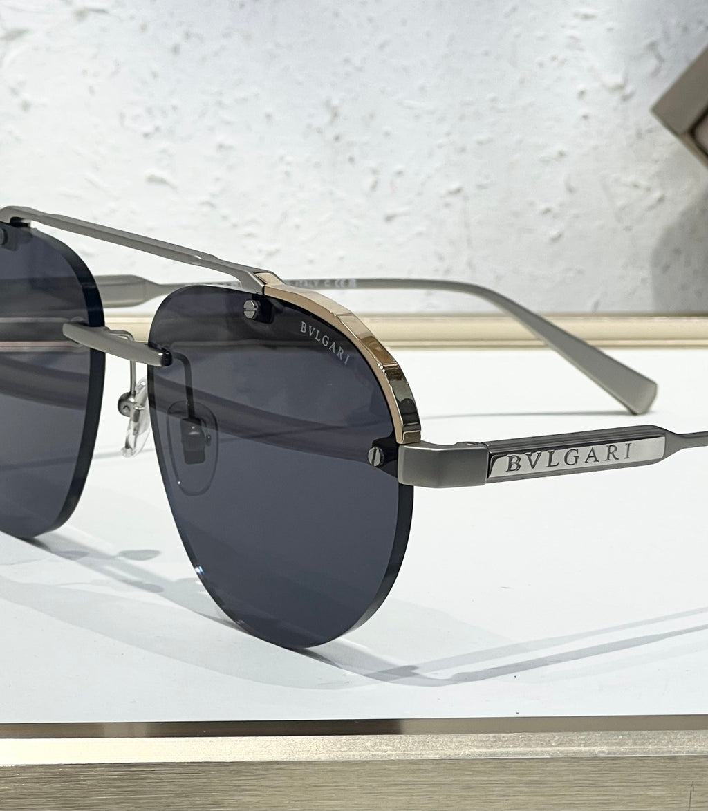 Bvlgari sunglasses, side view with Bvlgari logo on temple and dark lenses
