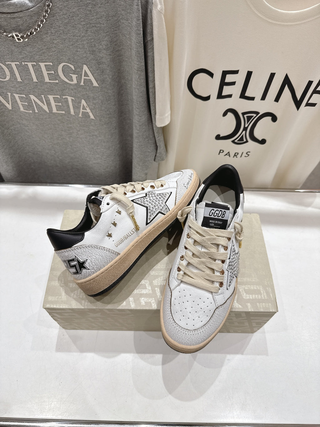 Golden Goose sneakers, white leather with metallic star-style side patch and black heel