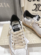 Golden Goose sneakers, white leather with black heel and lace-up front on tan sole