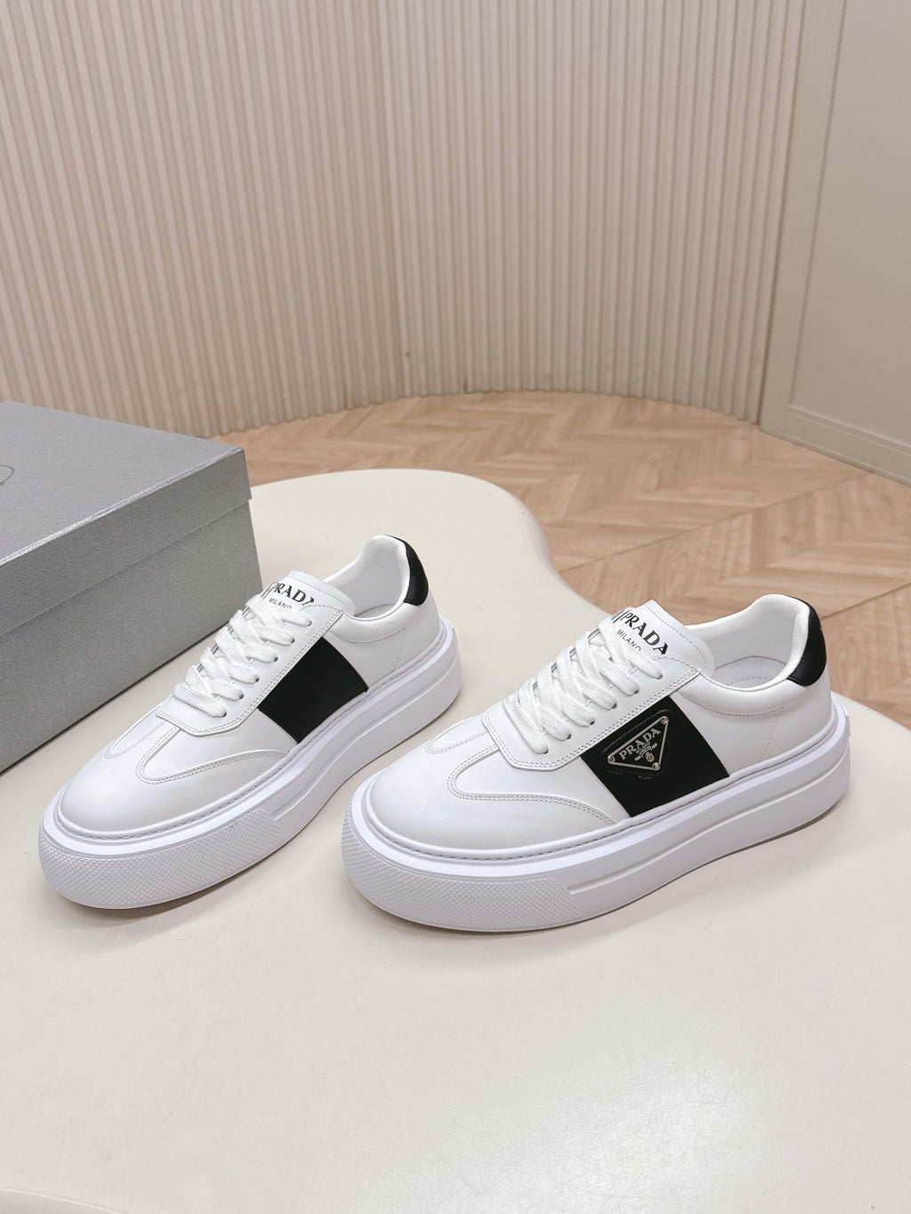 Prada unisex sneakers, white with black side panel and white laces, thick sole