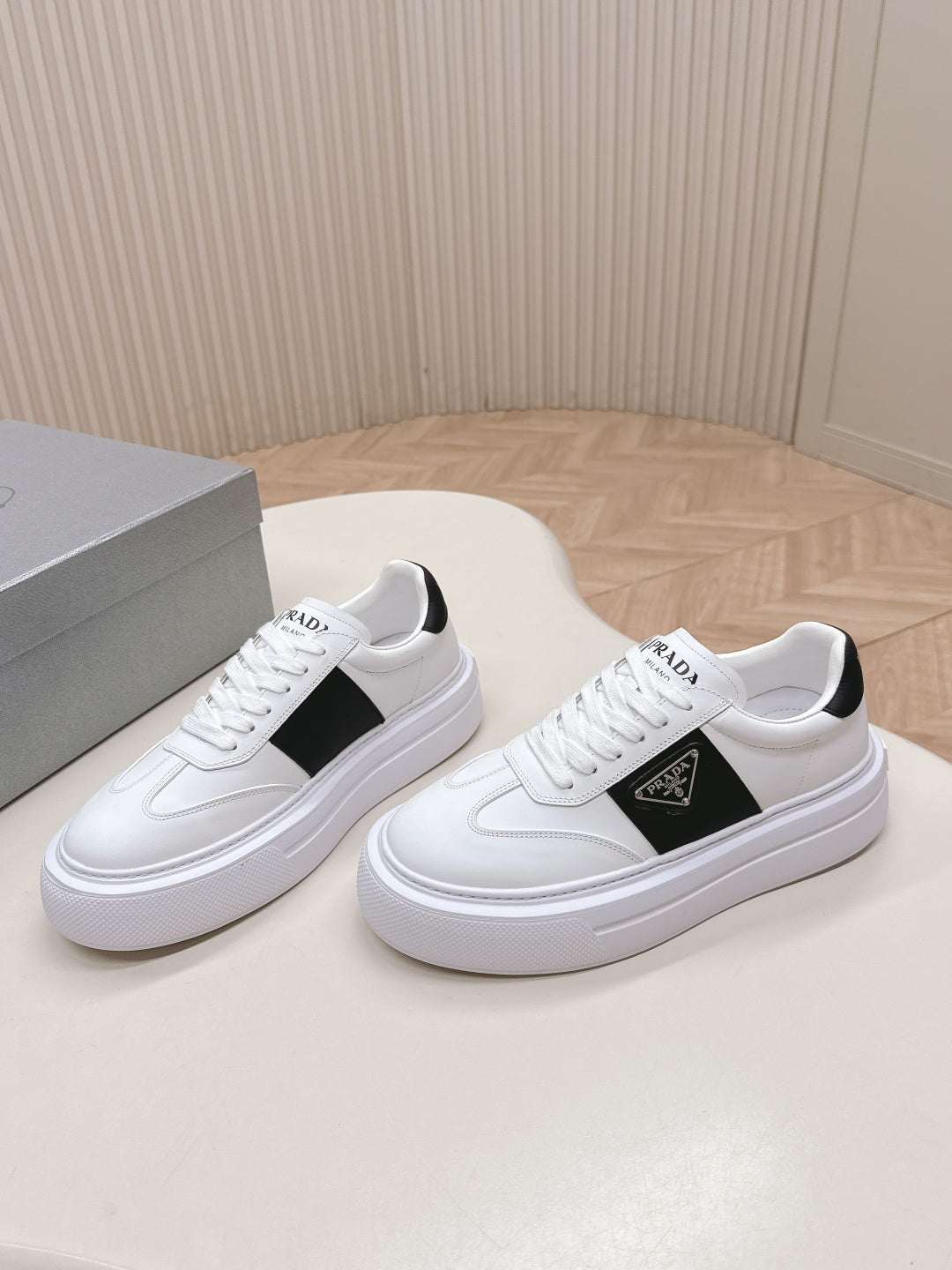 Prada unisex sneakers, white with black side panel and white laces, thick sole