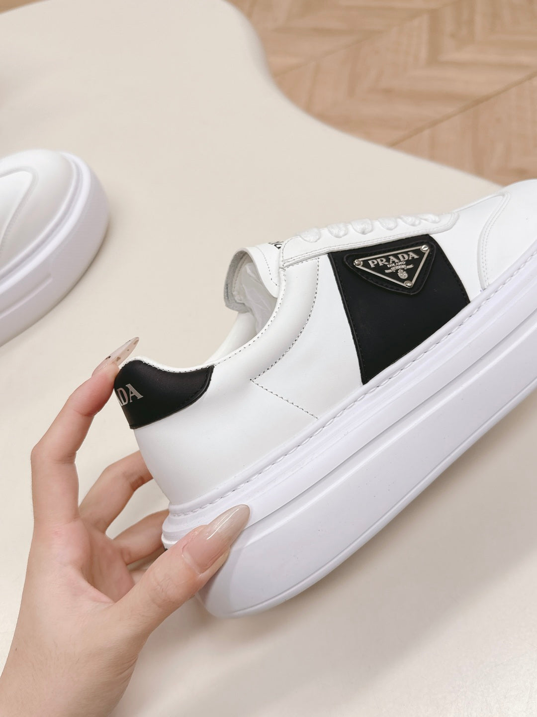 Prada unisex sneaker upper, white leather-style with black triangle logo side