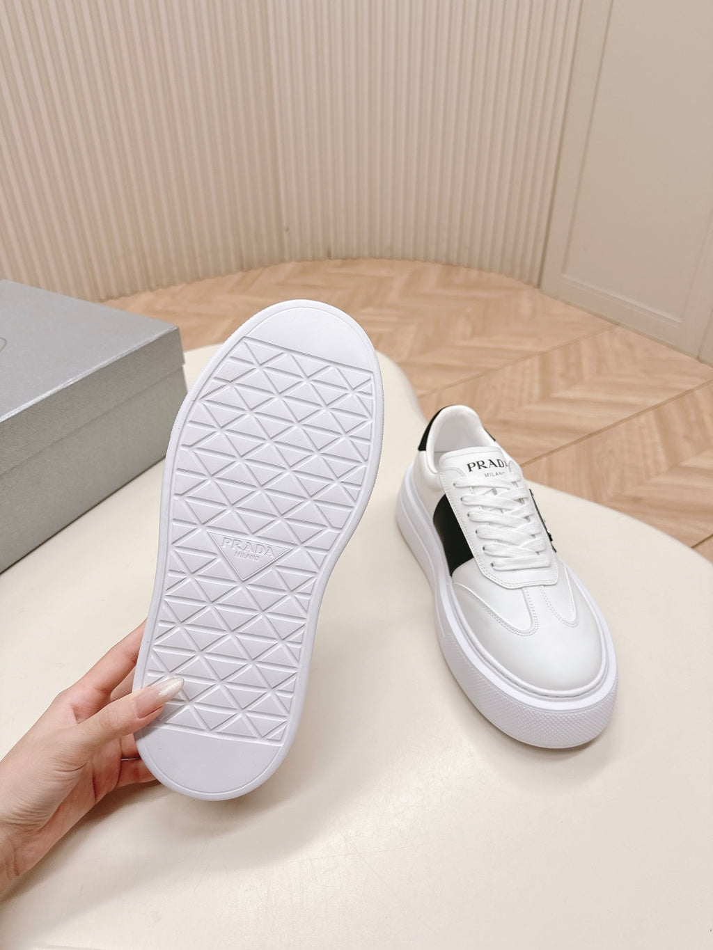 Prada unisex sneaker outsole, white textured tread with diamond pattern