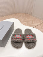 Balenciaga fuzzy slide sandals, grey plush with red heart embroidery on straps
