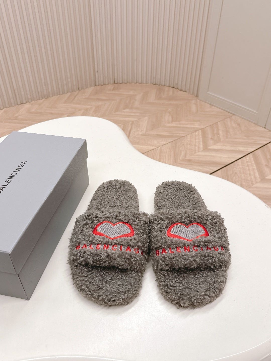 Balenciaga fuzzy slide sandals, grey plush with red heart embroidery on straps