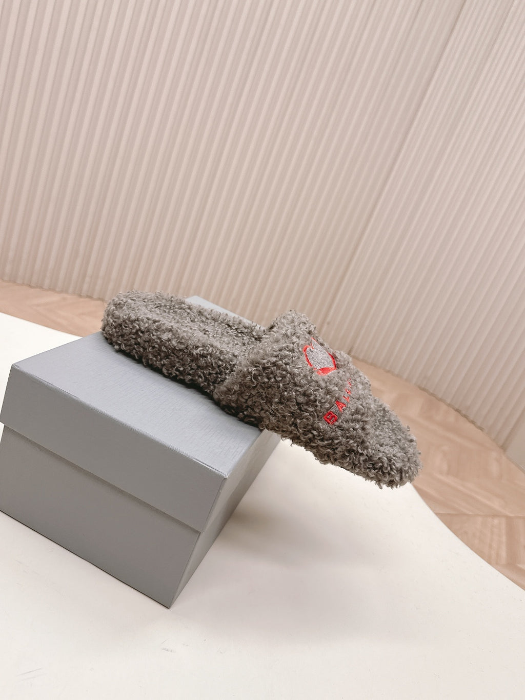 Balenciaga fuzzy slide sandals, grey plush slip-on with red heart detail