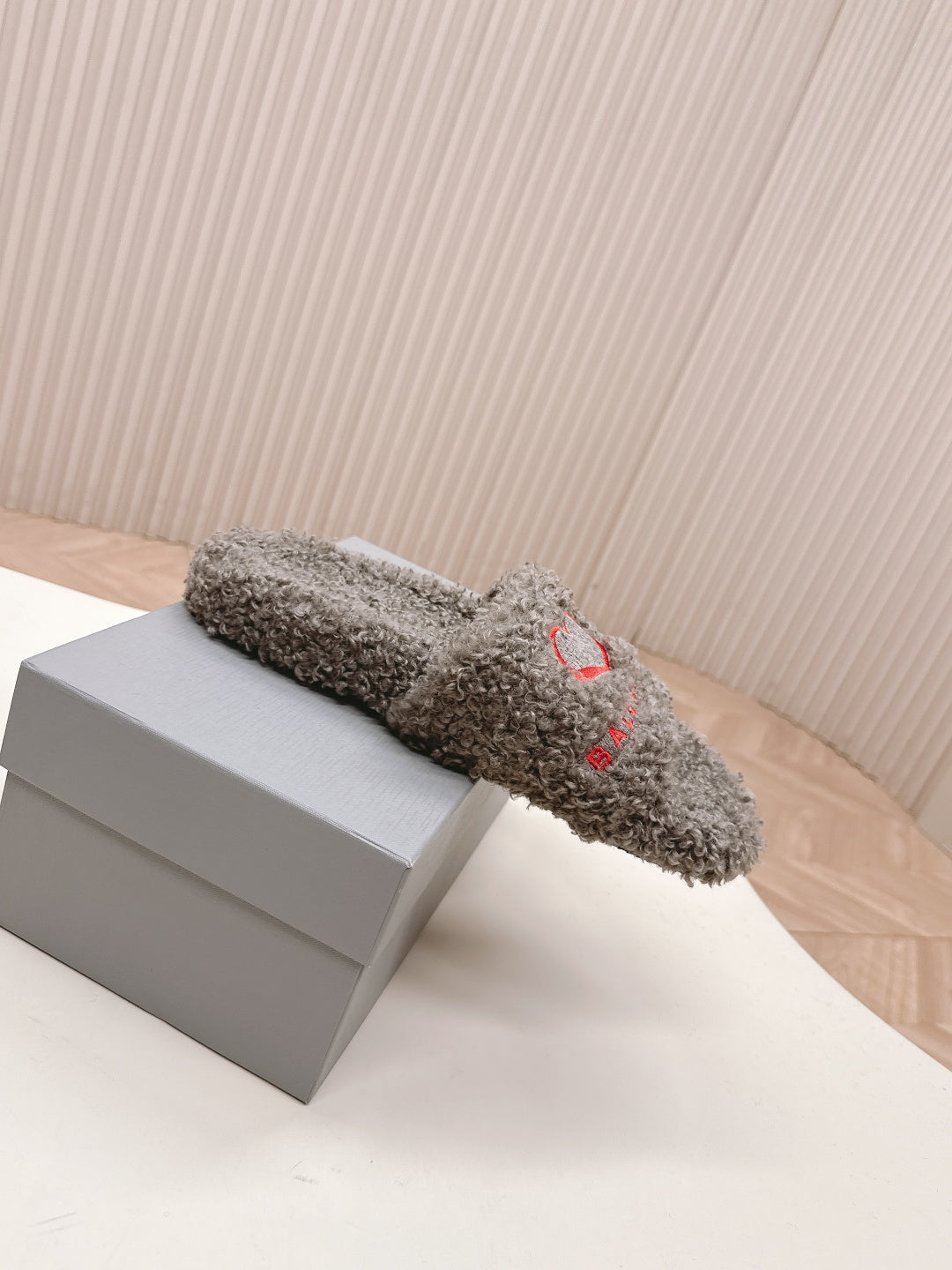 Balenciaga fuzzy slide sandals, grey plush slip-on with red heart detail