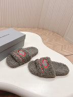 Balenciaga fuzzy slide sandals, grey with red heart logo on wide strap