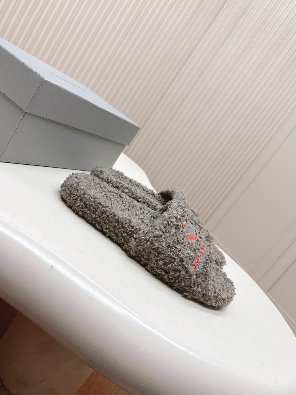 Balenciaga fuzzy slide sandals, grey plush slip-on with red heart logo