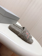 Balenciaga fuzzy slide sandals, grey plush slip-on with red heart logo