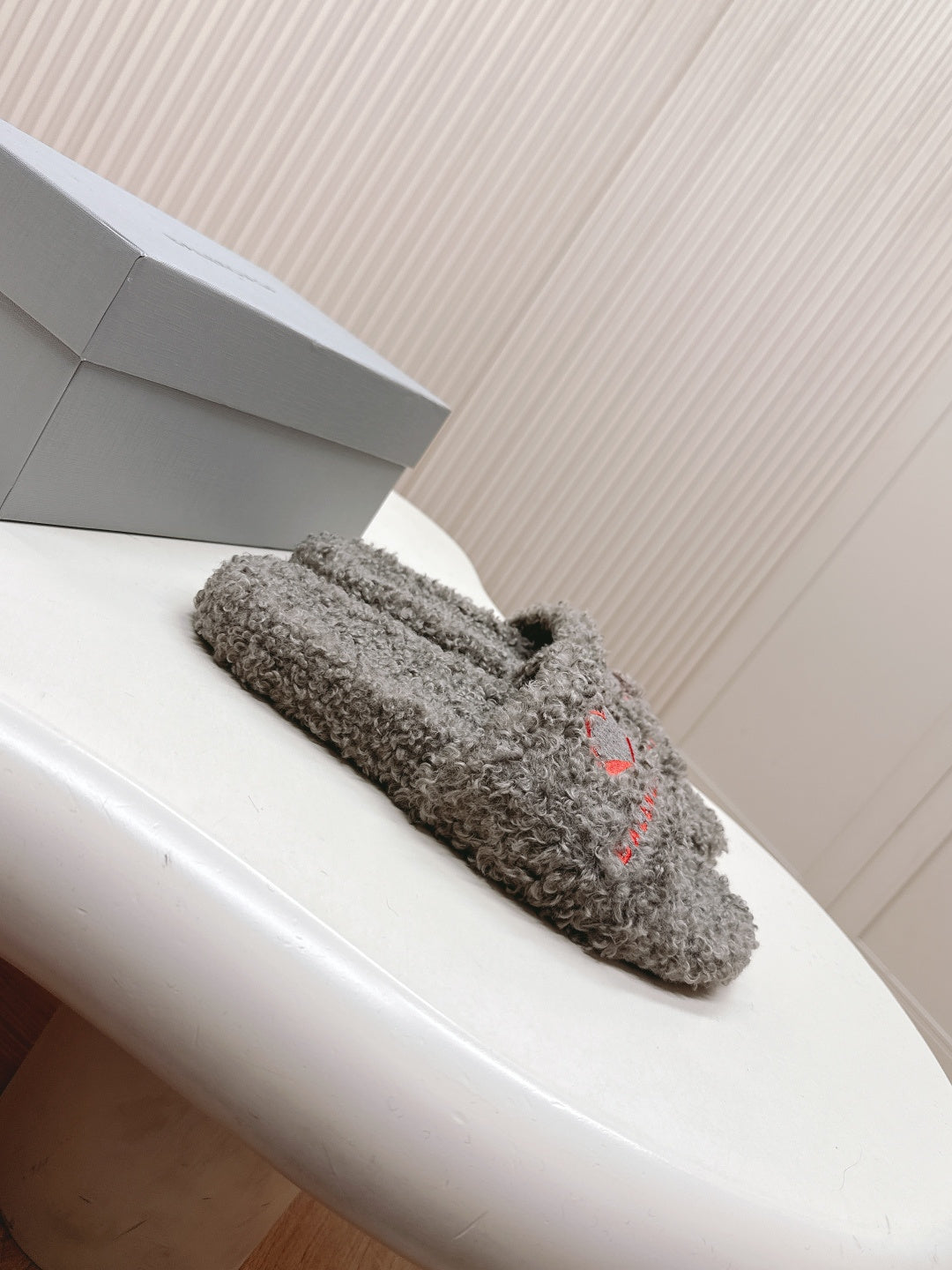 Balenciaga fuzzy slide sandals, grey plush slip-on with red heart logo