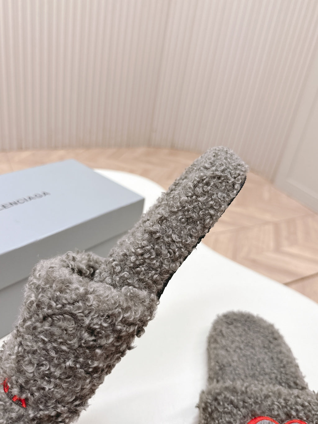 Balenciaga fuzzy slide sandal, grey shaggy strap with red heart embroidery