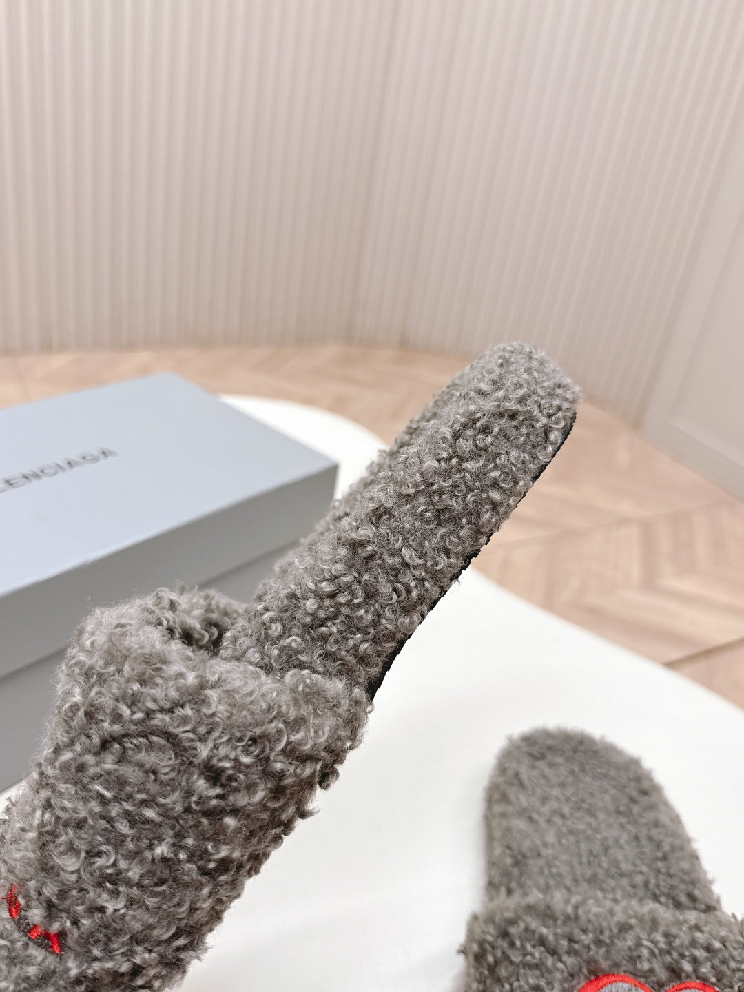 Balenciaga fuzzy slide sandal, grey shaggy strap with red heart embroidery