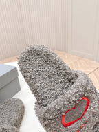 Balenciaga fuzzy slide sandal, grey textured upper with red heart patch at toe