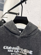 Heather gray hoodie sweatshirt with large white graphic print across the chest