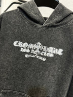 Heather gray hoodie sweatshirt with white chest logo and hood neckline