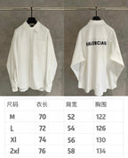 White long-sleeve shirt with size chart (M–2XL) shown