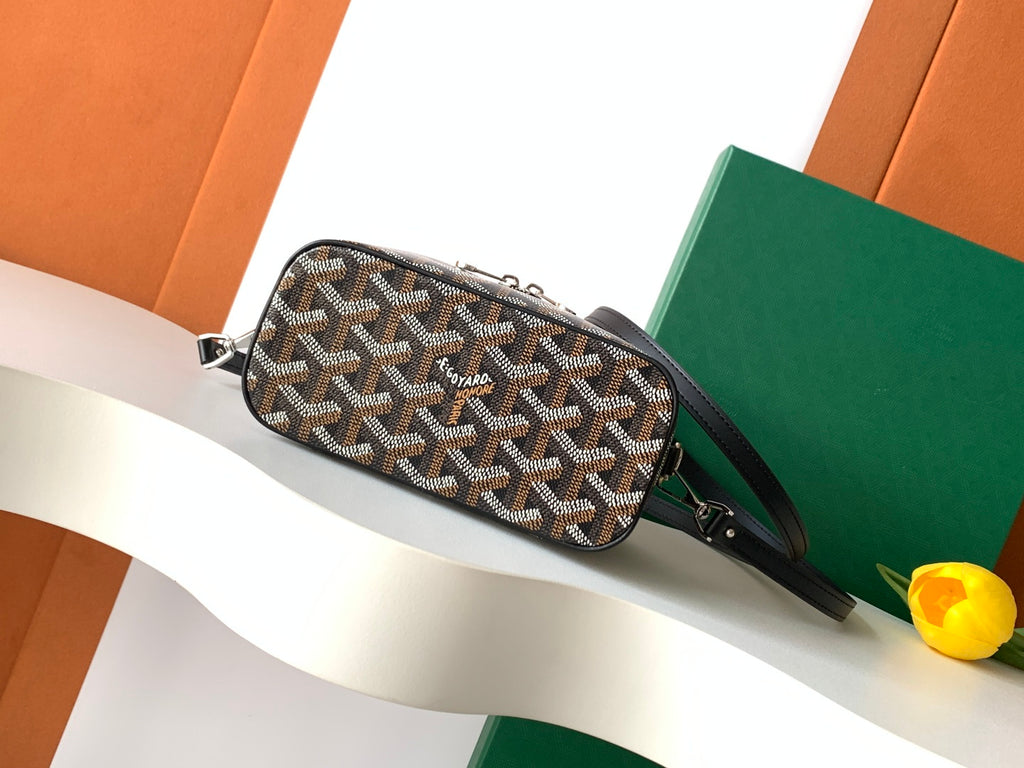 Goyard patterned zip crossbody bag with black leather strap