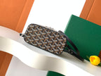 Goyard patterned zip crossbody bag with black leather strap