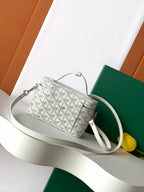 Goyard patterned mini bag with top handle and crossbody strap, front view