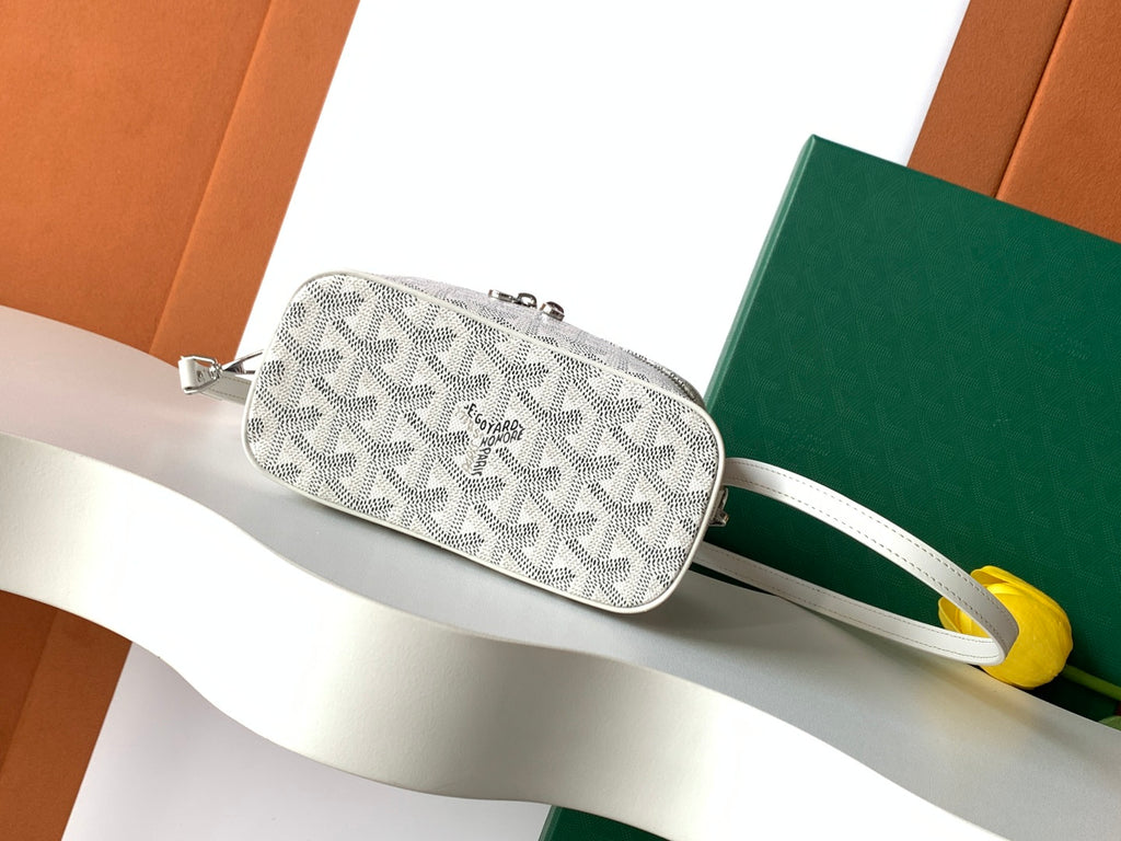 Goyard patterned mini clutch bag with top zipper and shoulder strap