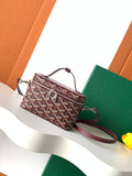 Goyard patterned crossbody bag with burgundy leather trim and adjustable strap