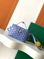 Goyard blue patterned crossbody bag with top drawstring and shoulder strap