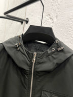 Prada black hooded jacket collar with drawstrings and silver buttons