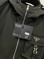 Prada black hooded jacket with silver zipper and PRADA logo patch