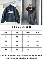 Dark navy bomber jacket with Luluvy logo; sizing chart inset at bottom