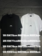 Black and white T-shirts with small chest logos and size chart print