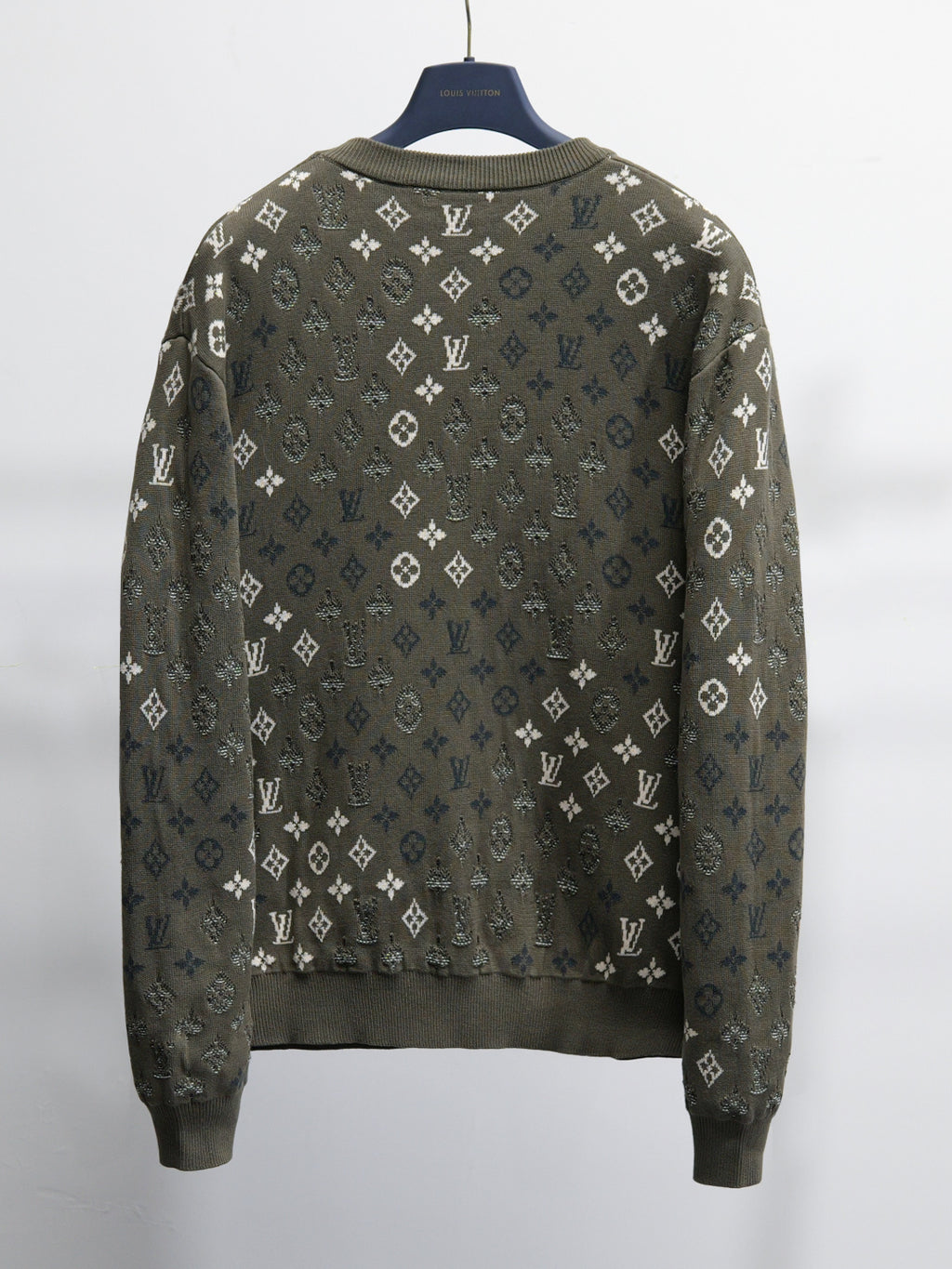 Louis Vuitton monogram long-sleeve sweatshirt, dark olive back view with white print