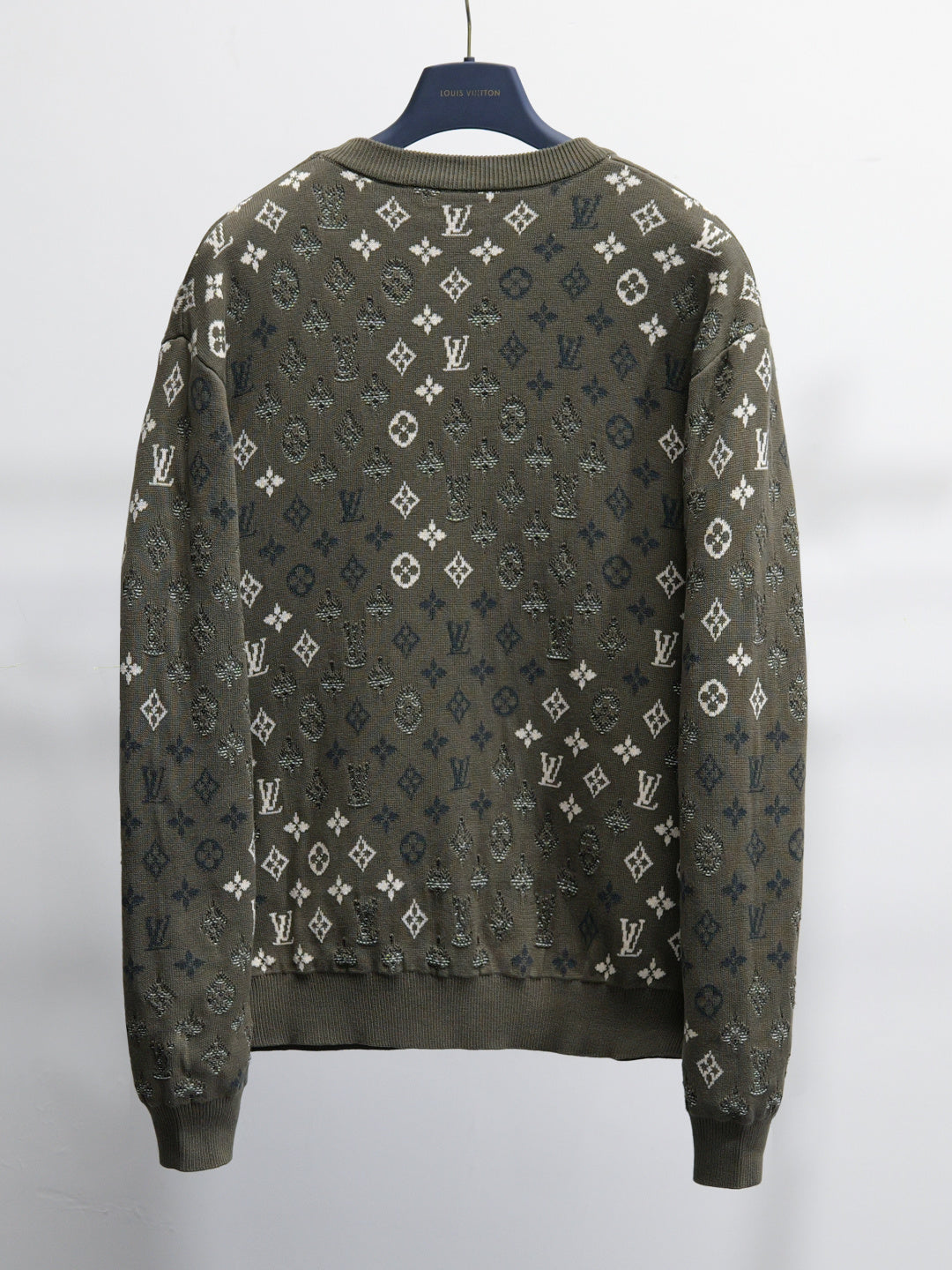 Louis Vuitton monogram long-sleeve sweatshirt, dark olive back view with white print