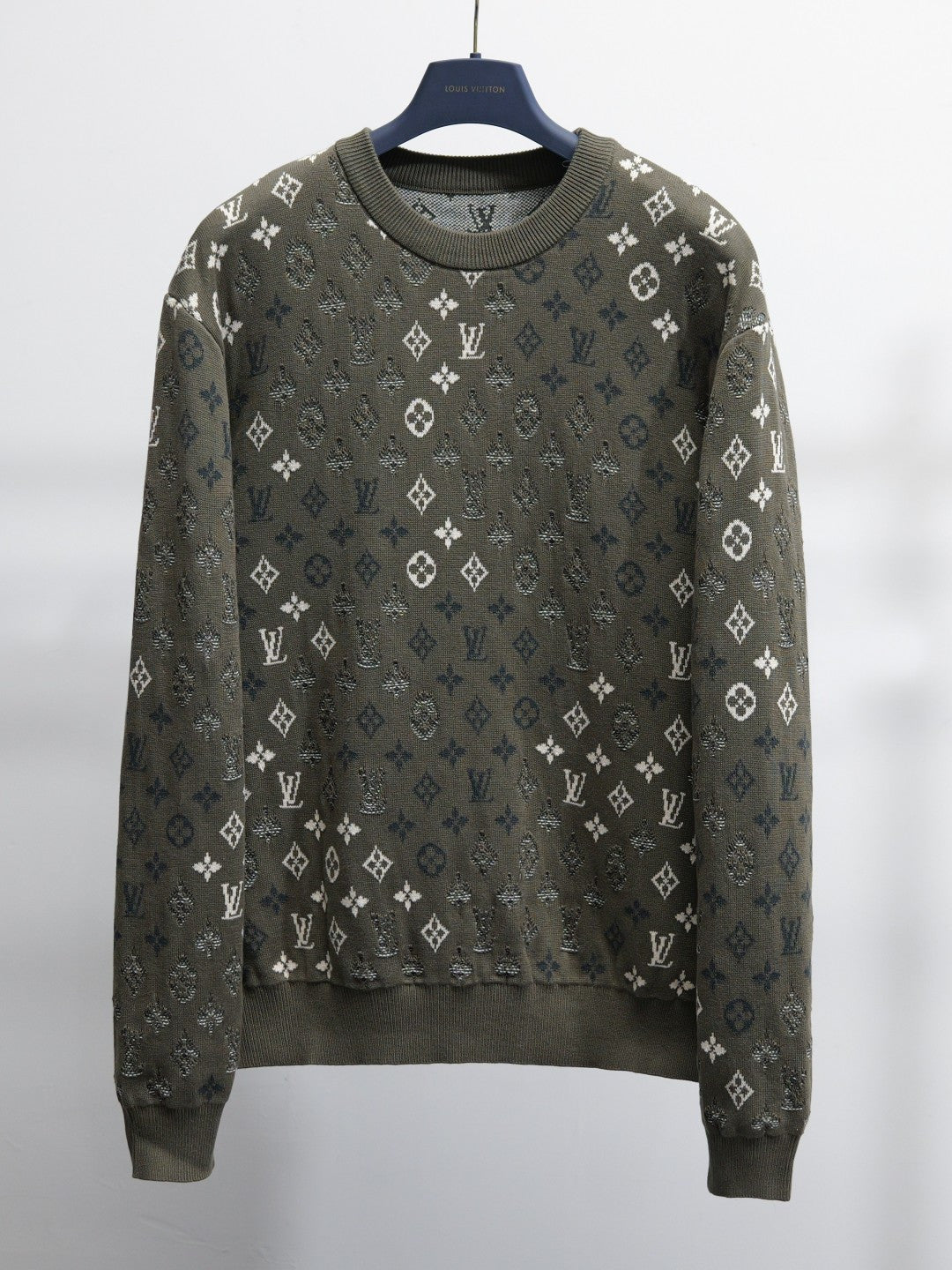 Louis Vuitton monogram long-sleeve sweatshirt, dark olive with white pattern
