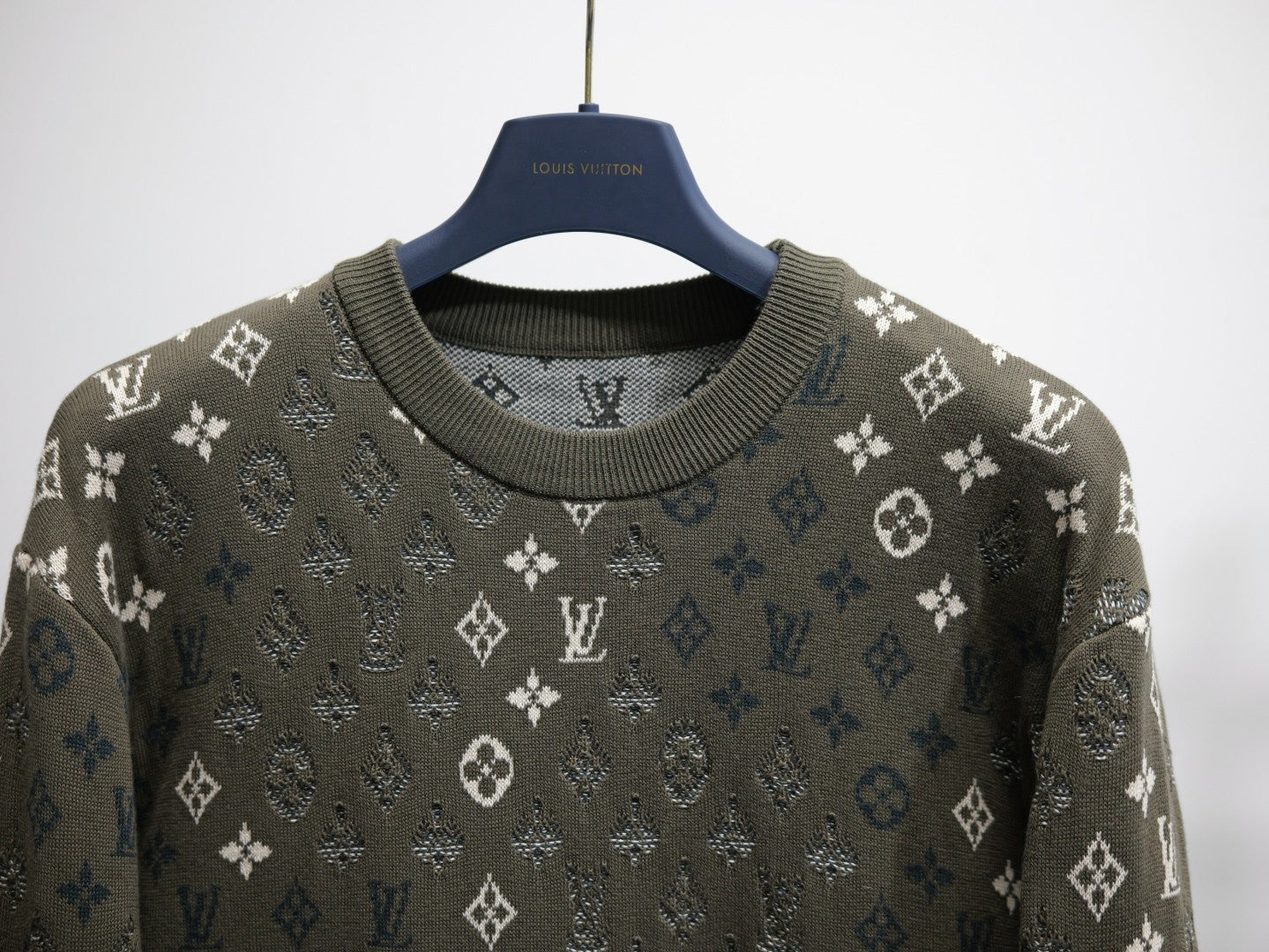 Louis Vuitton monogram long-sleeve sweatshirt with ribbed crew neck, dark olive knit