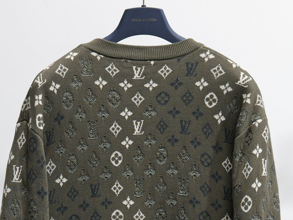 Louis Vuitton monogram long-sleeve sweatshirt, dark olive back with full pattern coverage