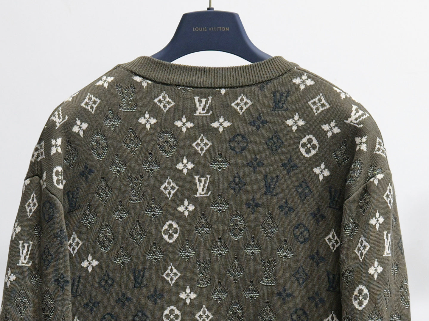 Louis Vuitton monogram long-sleeve sweatshirt, dark olive back with full pattern coverage