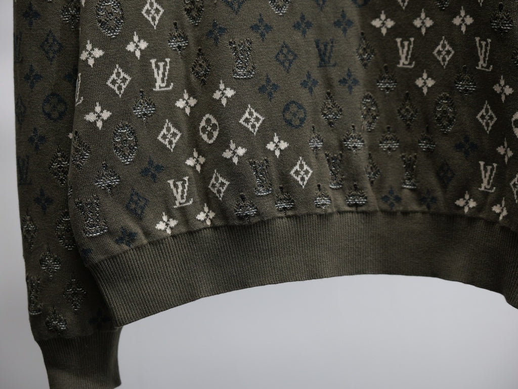 Louis Vuitton monogram long-sleeve sweatshirt hem detail, dark olive knit with white icons