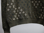 Louis Vuitton monogram long-sleeve sweatshirt hem detail, dark olive knit with white icons