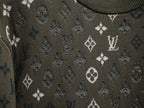 Louis Vuitton monogram sweatshirt knit close-up, textured dark olive with white motif pattern