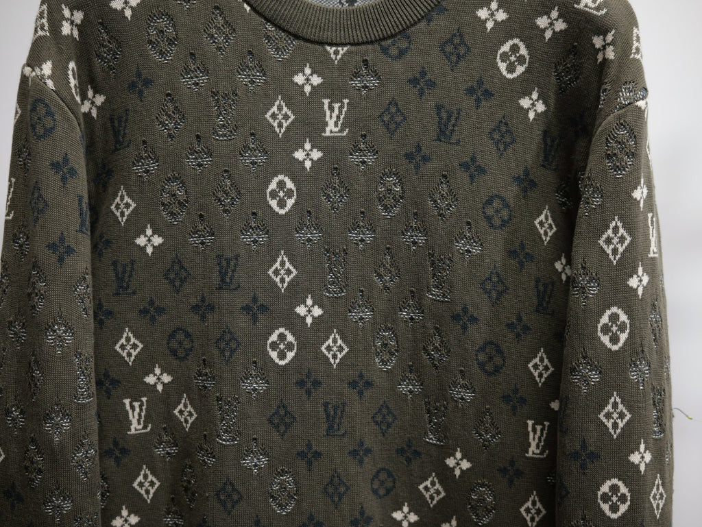 Louis Vuitton monogram long-sleeve sweatshirt close-up, dark olive with scattered white icons