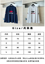 Long-sleeve T-shirt size chart with measurement table and R size codes
