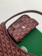 Monogram bag with top snap tab, brown canvas pattern and leather edging