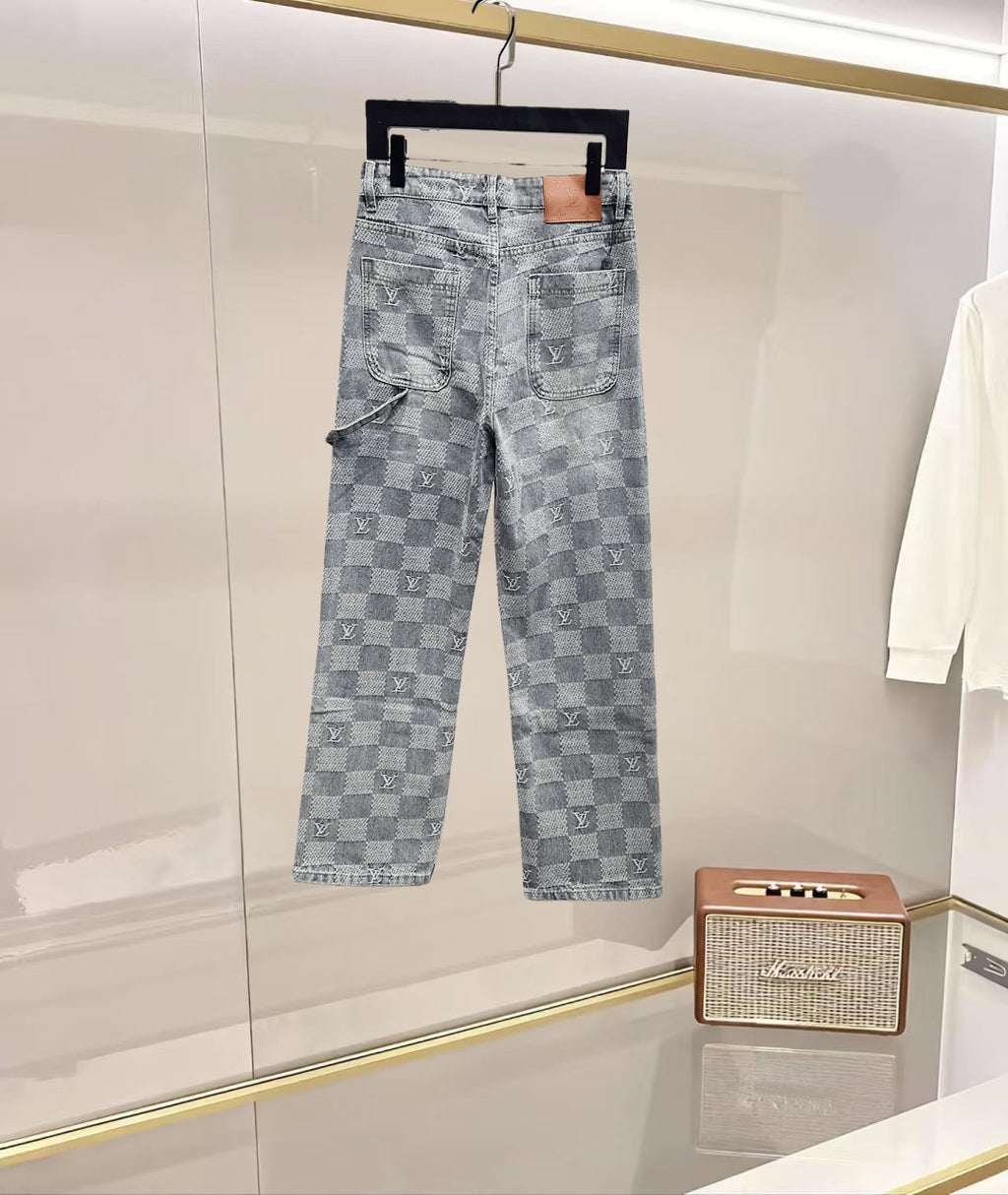 Louis Vuitton monogram jeans in light blue denim with repeat checker design