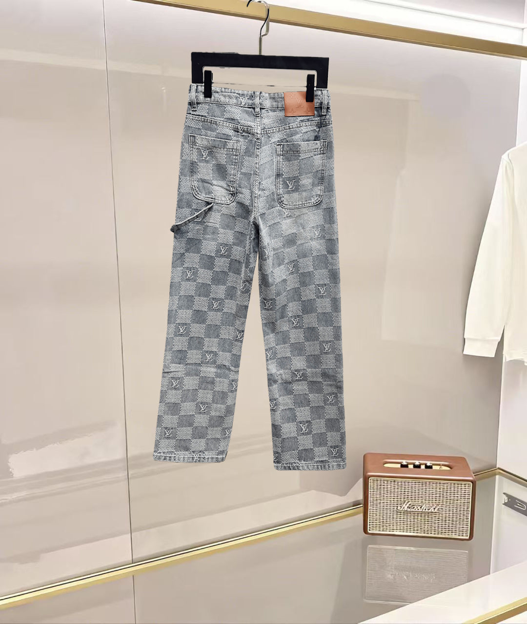 Louis Vuitton monogram jeans in light blue denim with repeat checker design