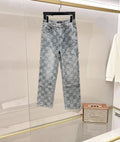 Louis Vuitton monogram pants in light blue denim with allover checker pattern