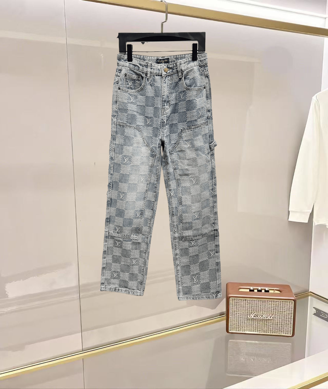 Louis Vuitton monogram pants in light blue denim with allover checker pattern