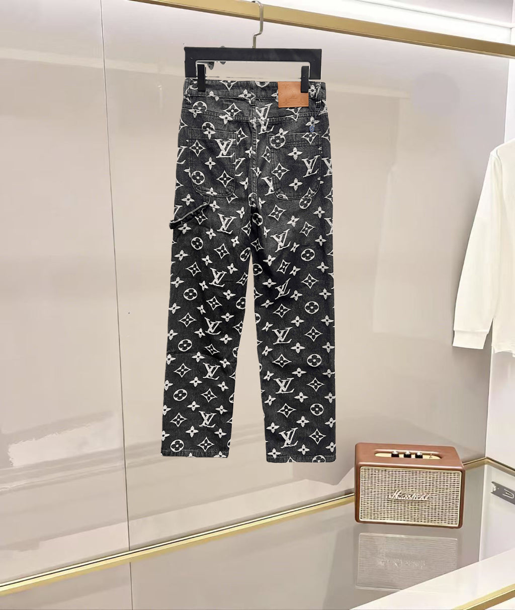 Louis Vuitton logo straight-leg pants, dark denim-style with allover white monograms