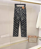 Louis Vuitton logo straight-leg pants, dark denim-style with allover white monograms