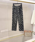 Louis Vuitton monogram straight-leg pants, dark with white logo pattern